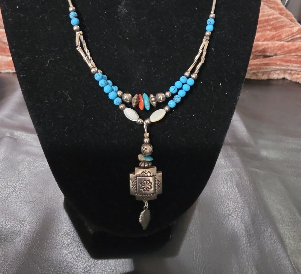 Turquoise Bead and Silver Pendant Necklace - Women Jewelry